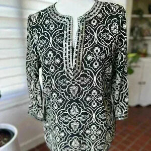 Carole Little, V Neck Sequined Linen Blend Tunic details on sleeve  Sz Medium